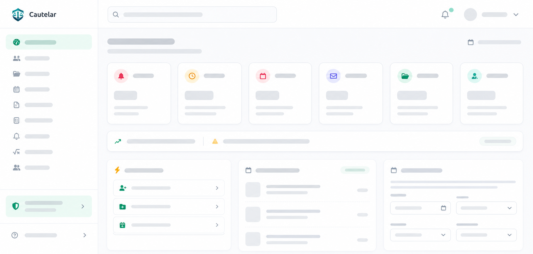 Dashboard de Cautelar mostrando causas activas, agenda de plazos y liquidaciones